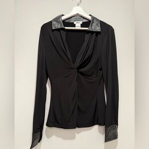 NWOT DKNY Black Long-Sleeve Twist Front Top with Faux Leather Trim Size L